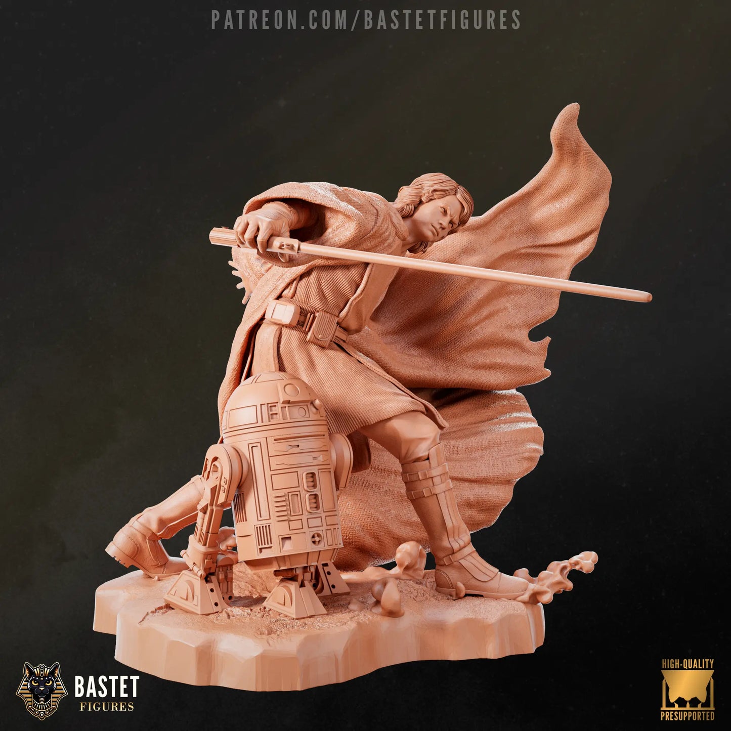 Side view of raw 3D printed Anakin Skywalker statue with detailed robe and scenic base