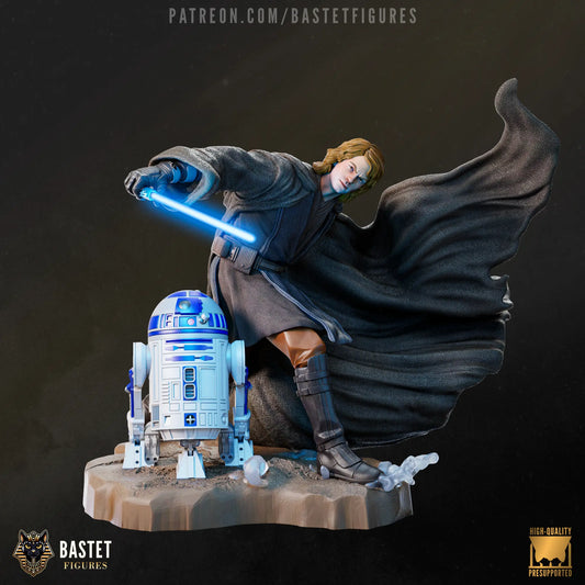 Painted front-facing Anakin Skywalker and R2-D2 statue – high-detail fan art resin figure