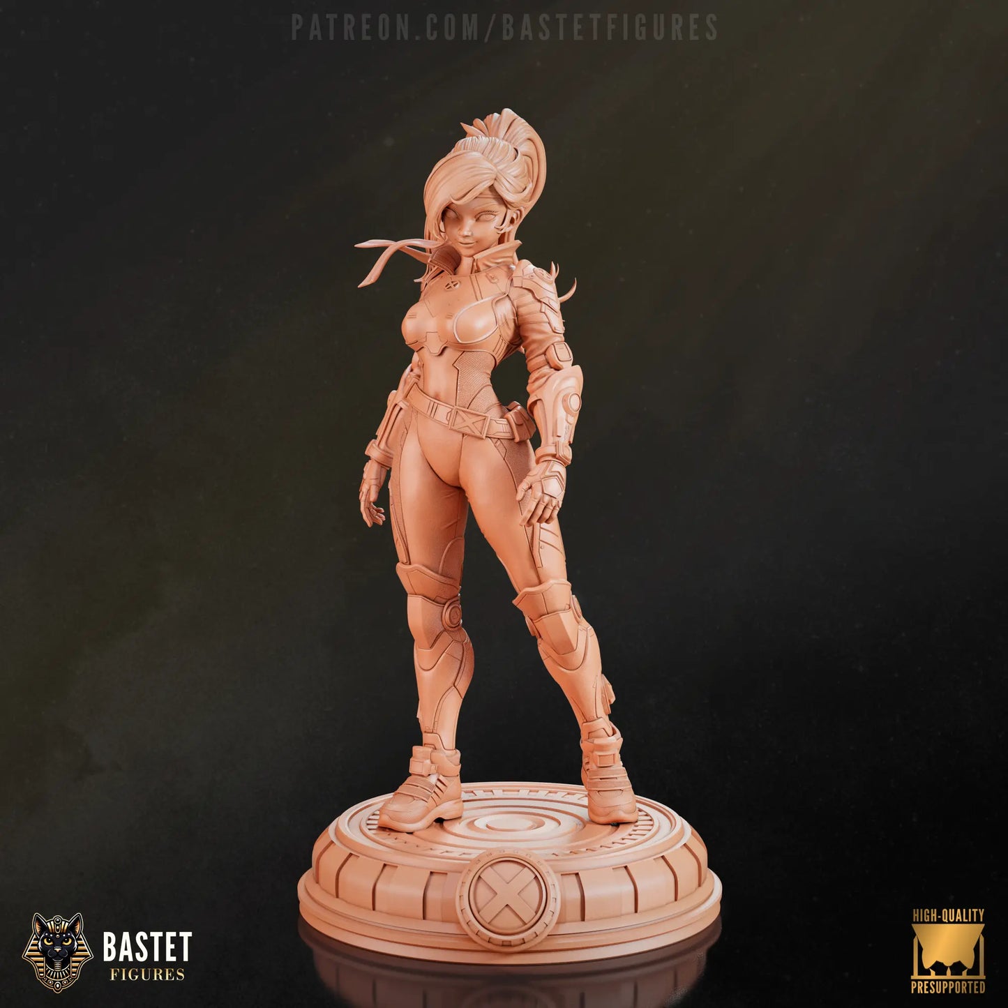 Unfinished sculpture of a female warrior on a dark background with 'Bastet Figures' branding.