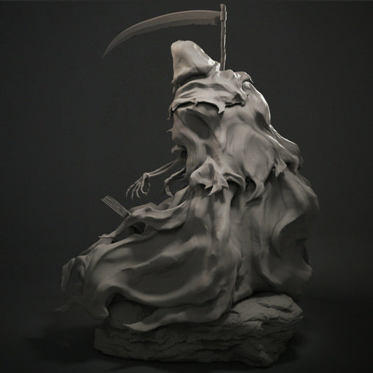 Grim Reaper 1:12 scale statue with hooded skeleton holding scythe over an open book, detailed dark fantasy collectible.