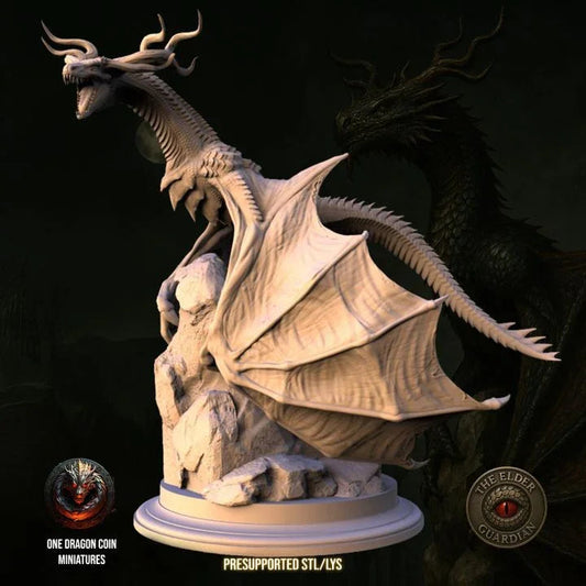 Mirvax, the Elder Guardian Dragon miniature posed atop rocky terrain with wings tucked and regal expression—4x4 resin base.