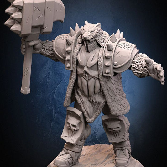 The Hammer Balbars resin miniature – armored warrior in bear pelt cloak with massive spiked hammer, skull-engraved armor plates.