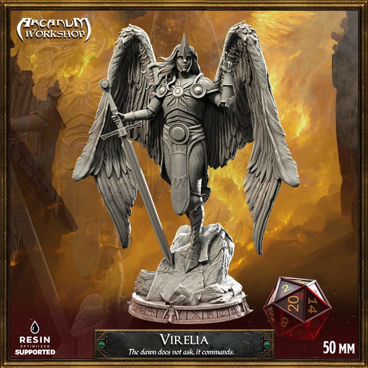 Resin miniature of Virelia the Dawnbringer, winged celestial guardian with sword and detailed base, shown in 50mm scale