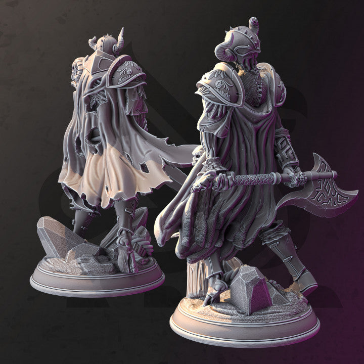 Two fantasy warrior figurines with detailed armor and weapons on a dark background