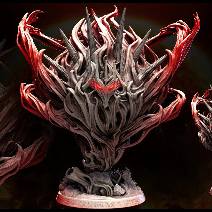 Great Ball of Fire miniature with flaming tendrils, sharp horns, and glowing red eyes on a 50mm base