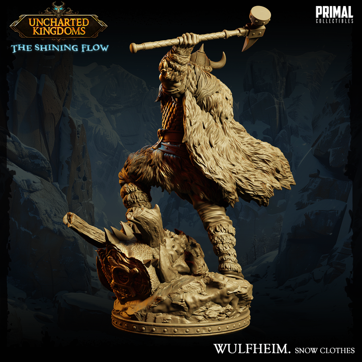 Statue of a warrior in snow clothes with 'Uncharted Kingdoms' branding