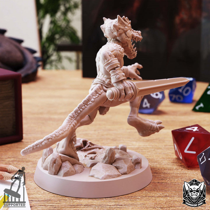 Back view of Kobold miniature showing tail, sword, and scenic base—ideal for D&D and tabletop RPGs.