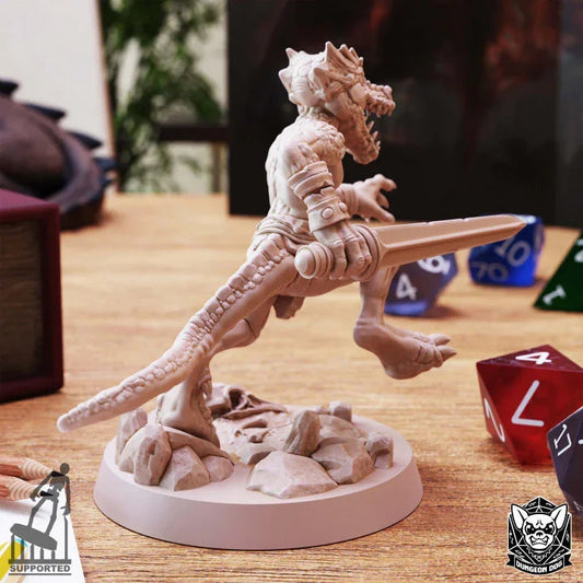 Back view of Kobold miniature showing tail, sword, and scenic base—ideal for D&D and tabletop RPGs.