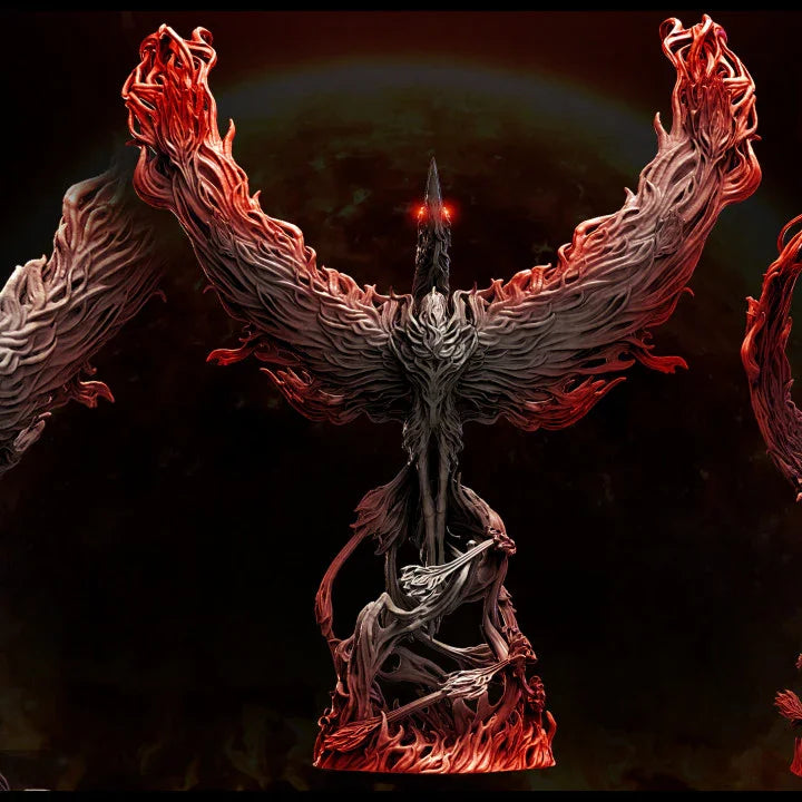 Flaming phoenix-like creature with outstretched wings and glowing red eyes, rising from scorched ground