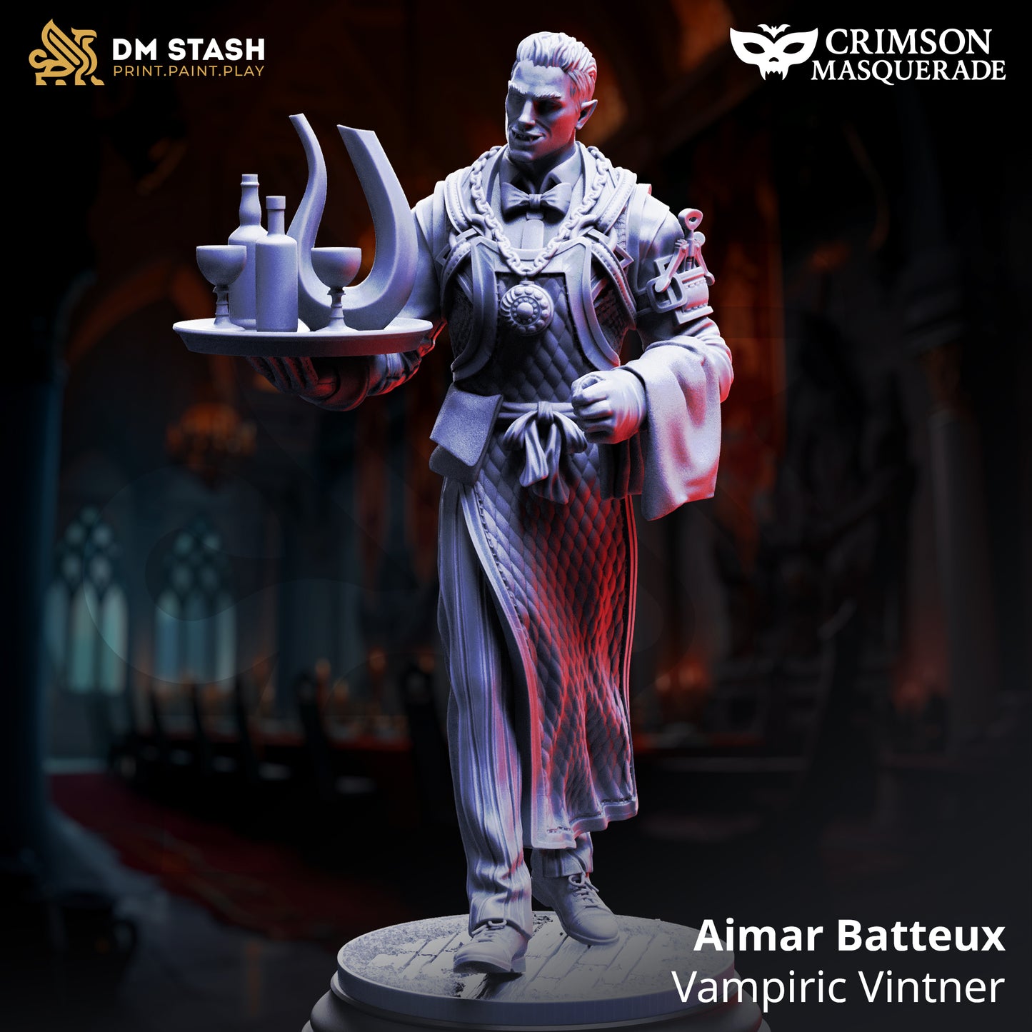Resin miniature of Unmasked Aimar, Vampiric Vintner, elegant vampire figure in fine attire holding a tray of bottles, gothic NPC TTRPG figure
