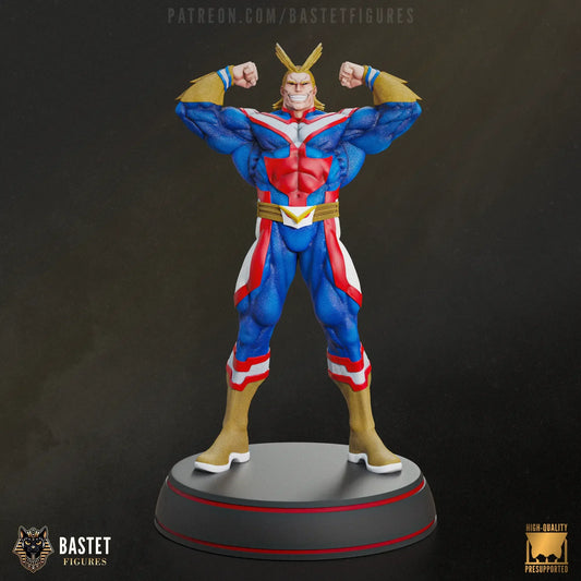 Front view of All Might 3D printed statue in full color with flexed arms and heroic stance