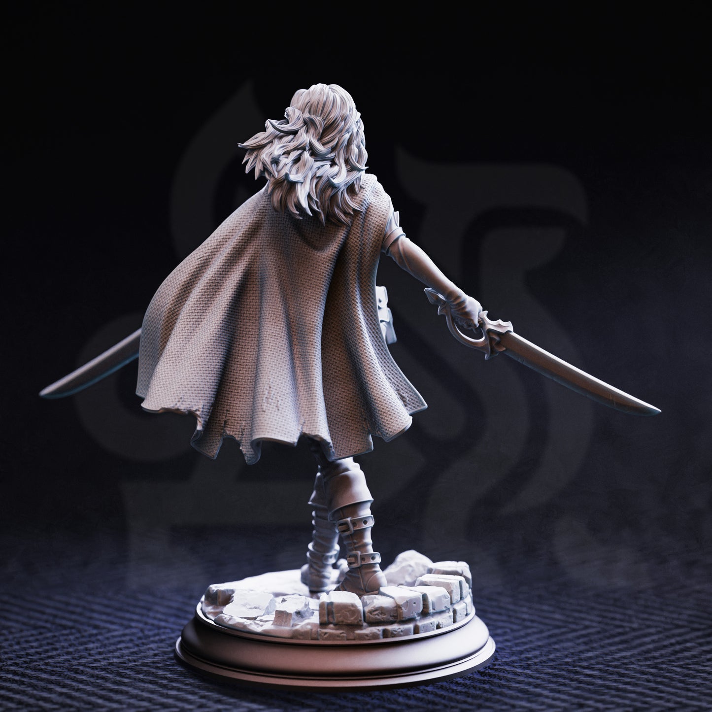 Statue of a character with a long coat and sword on a dark background