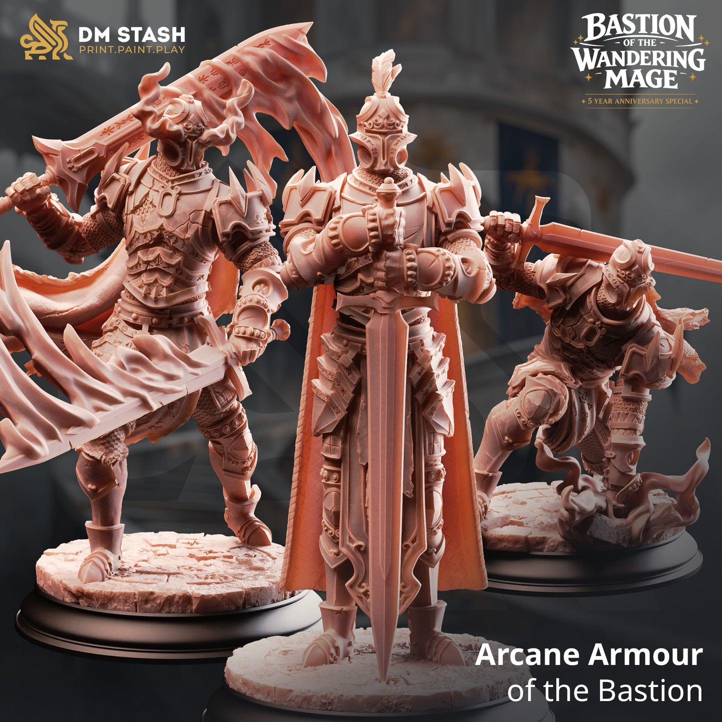Arcane Armour of the Bastion resin miniatures by DM Stash showing three distinct poses of animated armor with greatswords, printed by D&K Custom Prints.