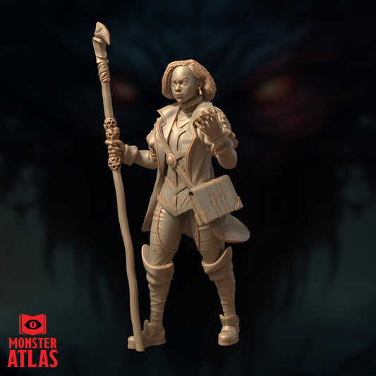 Arcane battle cleric resin miniature humanoid spellcaster holding staff for tabletop RPG gameplay or fantasy display