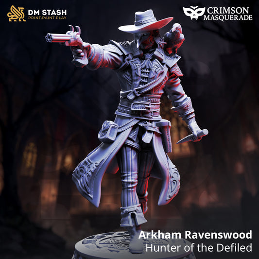 Arkham Ravenswood resin miniature, gothic gunslinger and hunter of the defiled, armed with pistol, dagger, and raven for TTRPG and fantasy display.