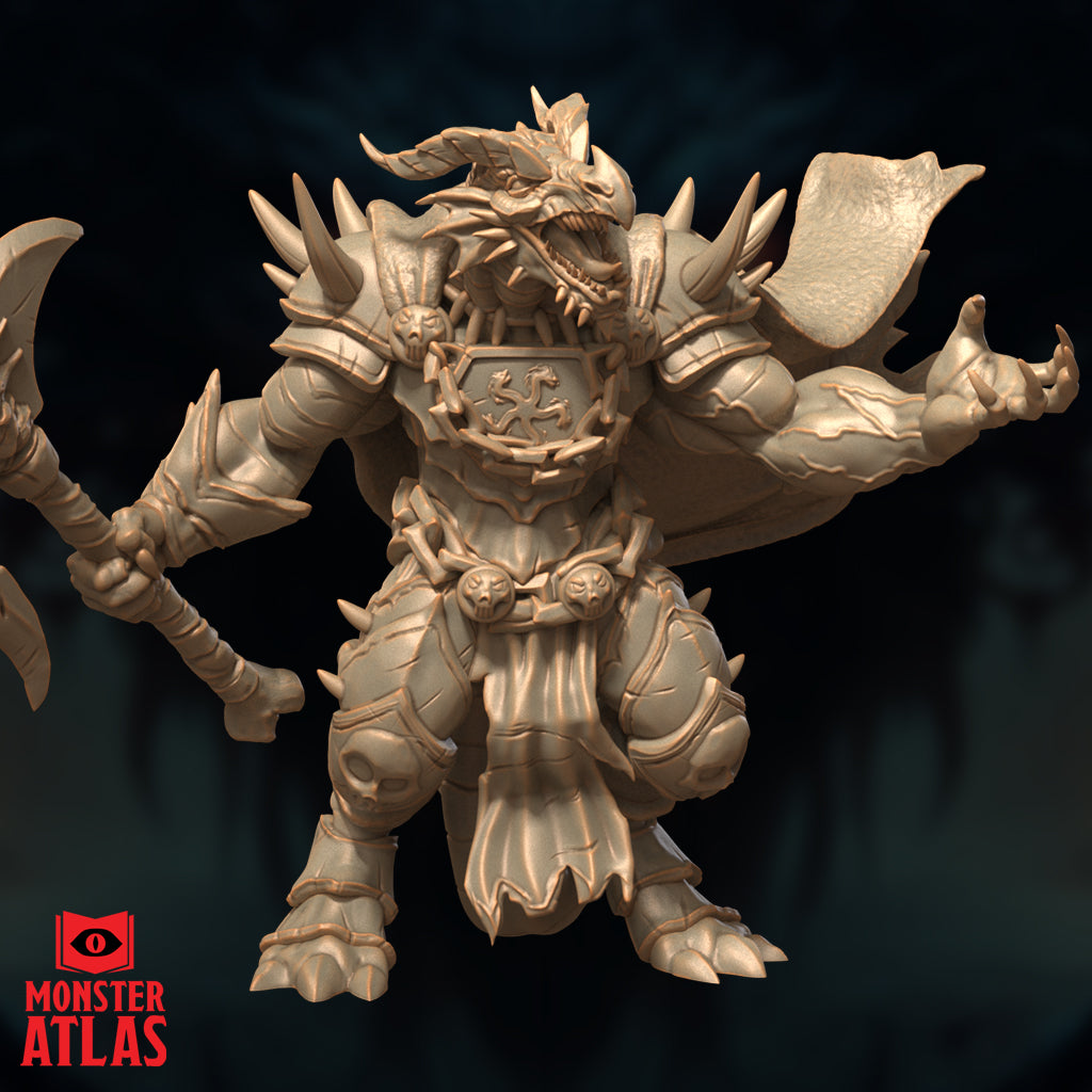 Profile view of Arkhan the Cruel showing the texture of the dragonborn scales and plate armor.