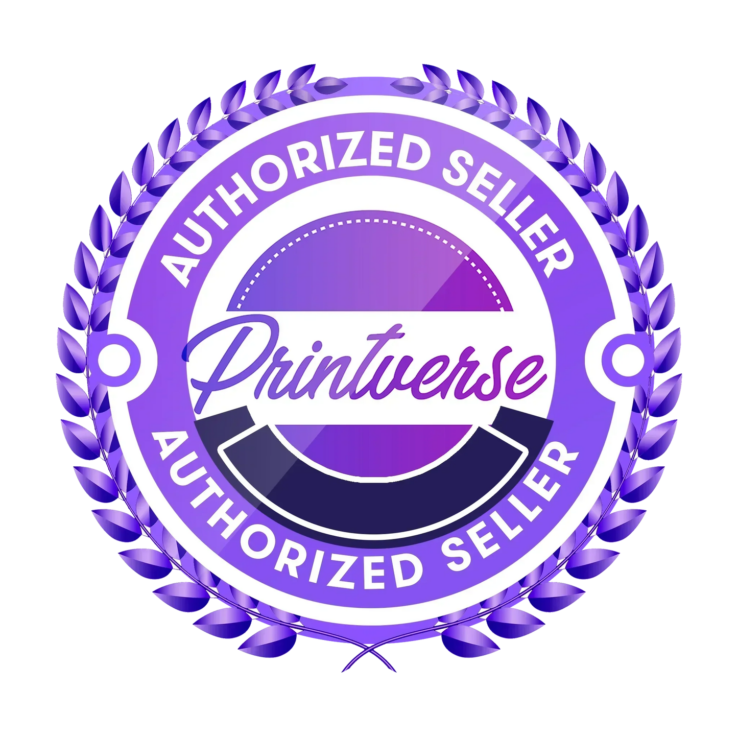 Purple and white Printverse Authorized Seller badge with laurel wreath border – certification seal for approved 3D print merchants.