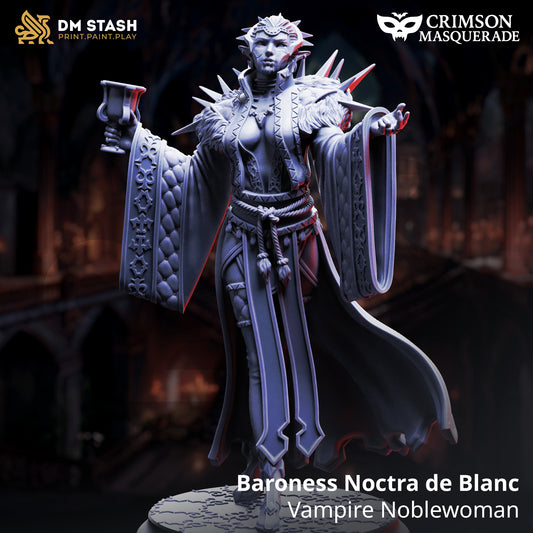 Resin miniature of Baroness Noctra de Blanc, Vampire Noblewoman, elegant aristocratic vampire with goblet and spiked robes, gothic NPC TTRPG figure