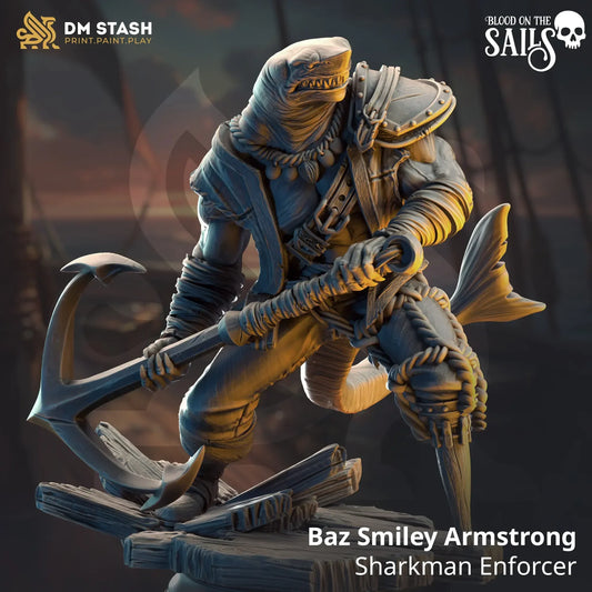 Baz Smiley Armstrong Sharkman Enforcer miniature for D&D, great white shark pirate TTRPG figure