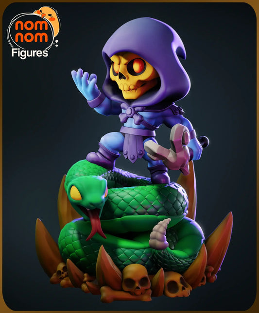 Chibi Skeletor digital render on serpent throne with skulls and spikes