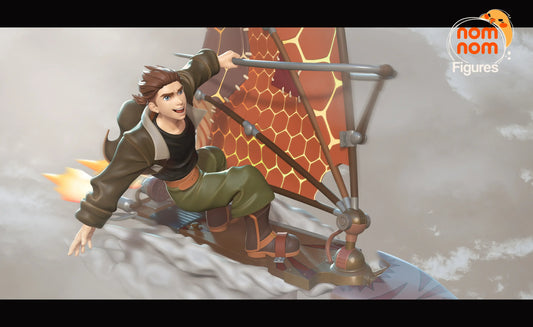 Jim Hawkins soaring through clouds on solar surfboard from Treasure Planet, wide dynamic art.