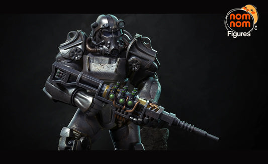 Close up of the t-60 power armor fallout 4 digital render front view with plasma rifle