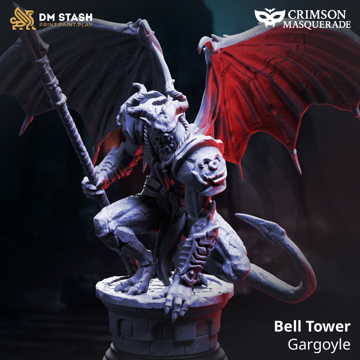 Resin miniature of Bell Tower Gargoyle with demonic wings and spear, perched on a stone base, gothic TTRPG monster figure