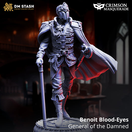 Benoit Blood-Eyes General of the Damned resin miniature, vampire commander in ornate armor with cape, cane, and sword – collectible TTRPG villain