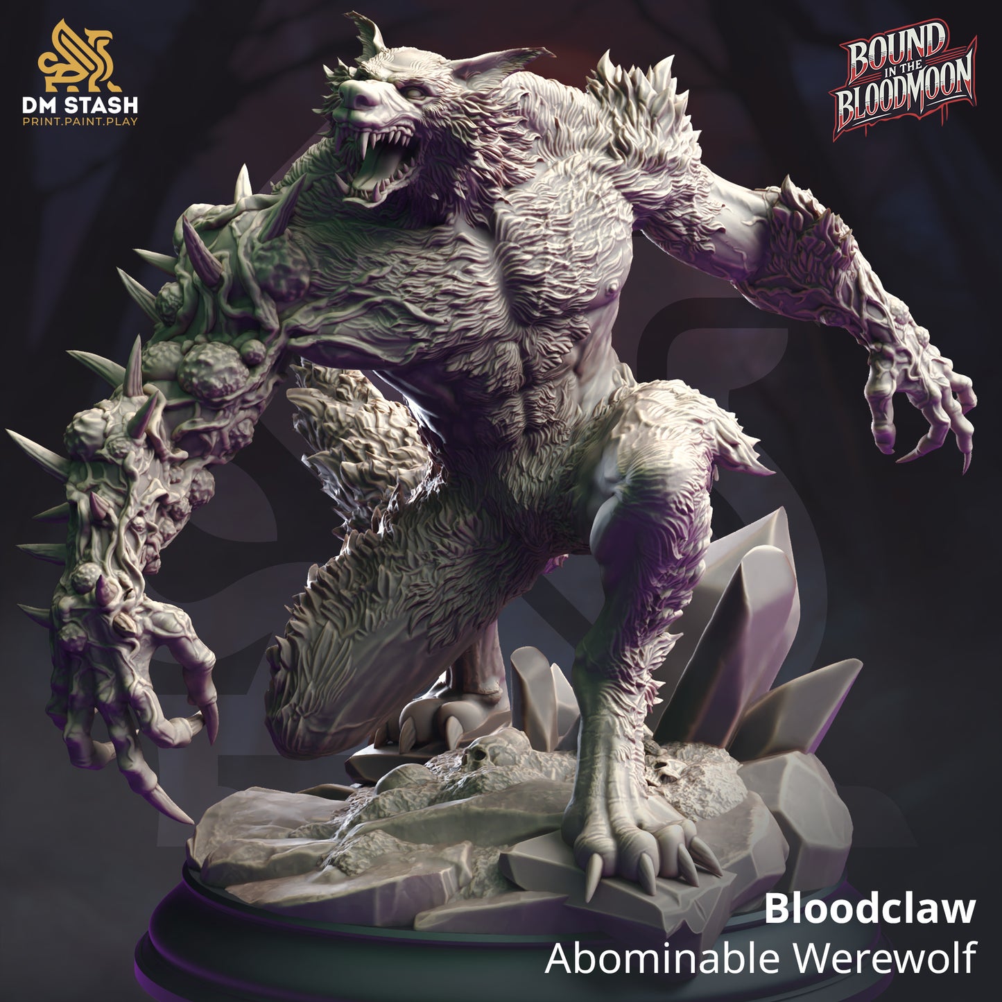 Bloodclaw Abominable Werewolf large sized resin miniature with spiked arm and feral snarl on a rocky base, perfect for TTRPG boss encounters.