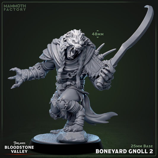 Boneyard Gnoll resin miniature 3D print from Bloodstone Valley, fantasy monster figure on 25mm base, available raw, primed, or painted.