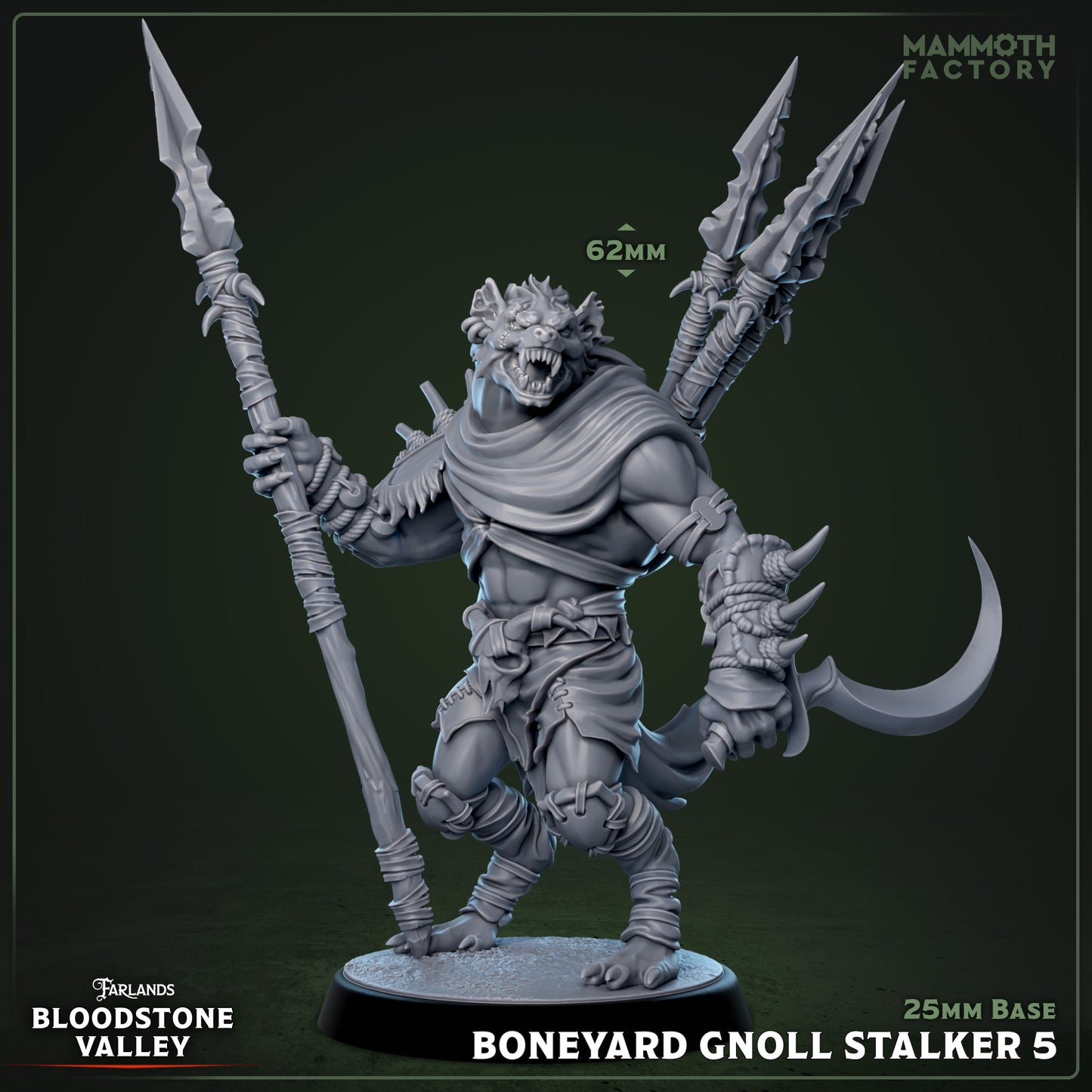 Boneyard Gnoll Stalkers resin miniature set from Bloodstone Valley, fantasy monsters with spears on 25mm bases, available DIY kit, raw, primed, or painted.
