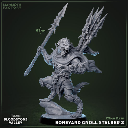 Boneyard Gnoll Stalkers resin miniature set from Bloodstone Valley, fantasy monsters with spears on 25mm bases, available DIY kit, raw, primed, or painted.