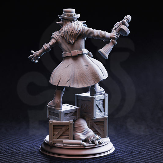 Statue of a character in a coat and hat holding a bagpipe on wooden crates against a dark background
