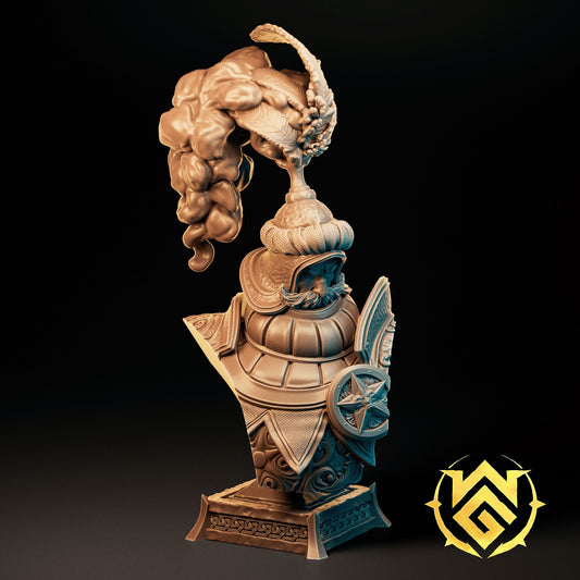 Bruti the Benediction resin miniature and bust with ornate armor and holy shield on detailed base.