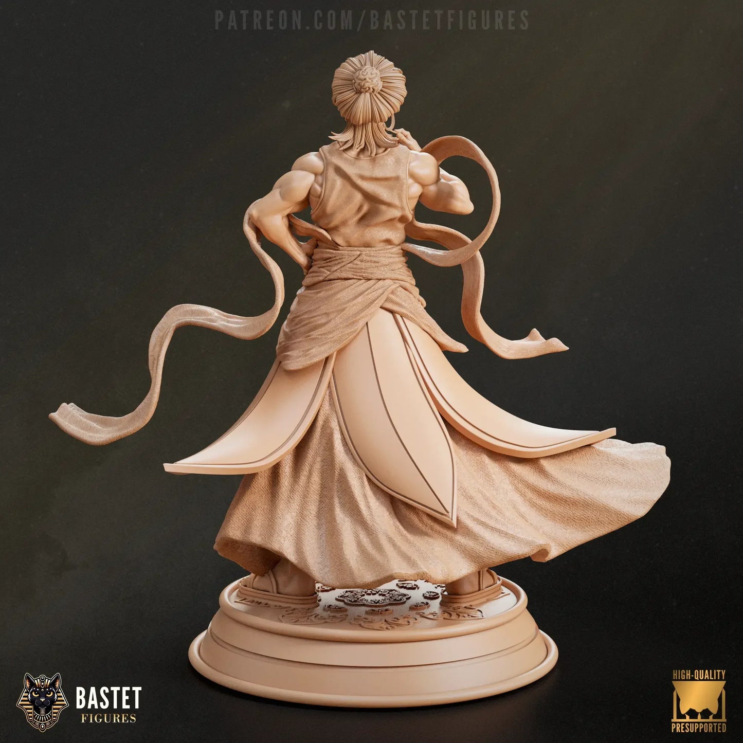 Rear view of unpainted Buddha statue showing intricate hairstyle and robe folds.