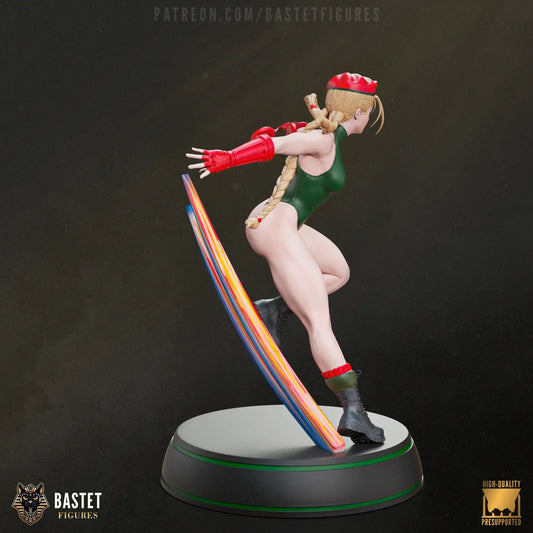 Rear view showcasing braided hair, gauntlets, and suit details