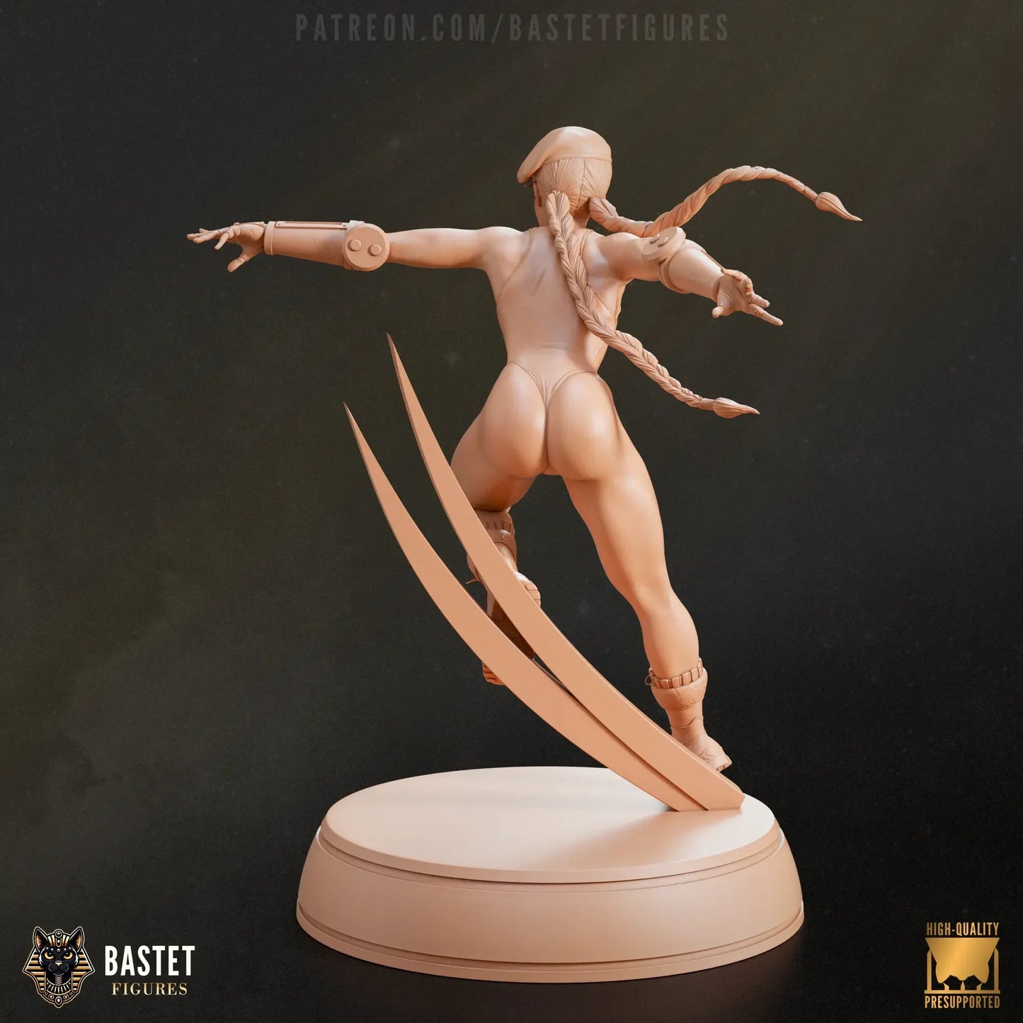 Rear view of Cammy in raw clay finish, showing base and motion