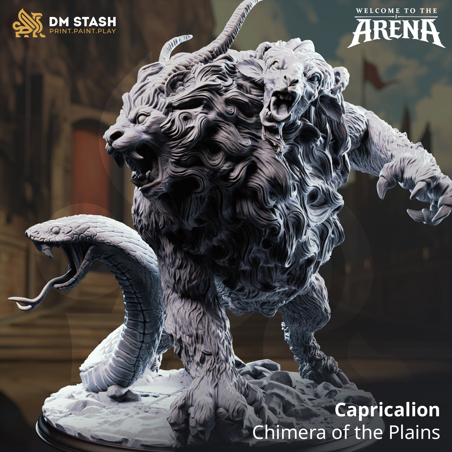 Capricalion Chimera miniature by DM Stash, featuring three heads (lion, goat, snake) on a Huge 75mm rocky base, high-detail resin print for D&D and tabletop RPGs.