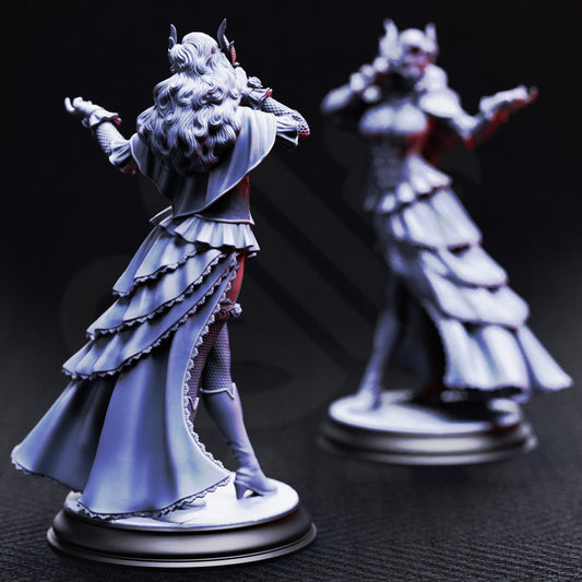 Carmine Duvall Vampire Courtesan resin miniature, gothic masquerade vampire in layered dress with mask – fantasy TTRPG villain