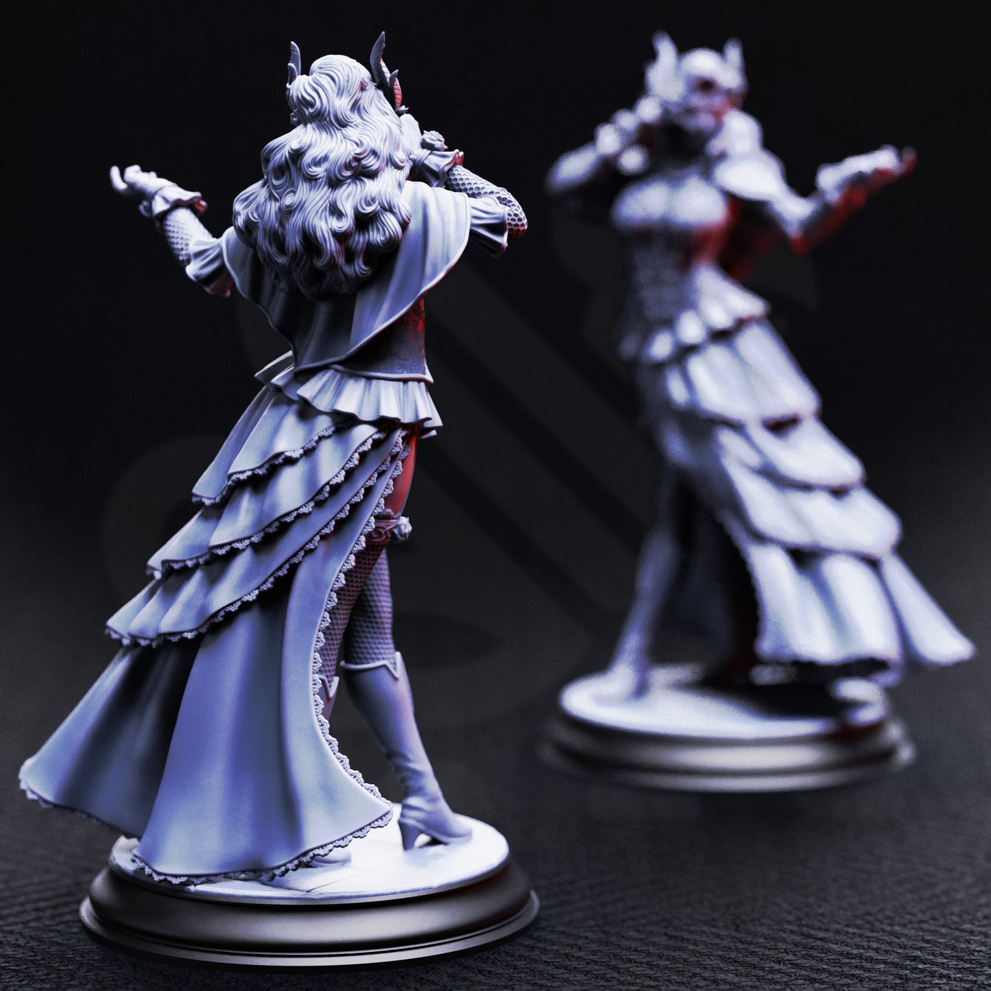 Carmine Duvall Vampire Courtesan resin miniature, gothic masquerade vampire in layered dress with mask – fantasy TTRPG villain