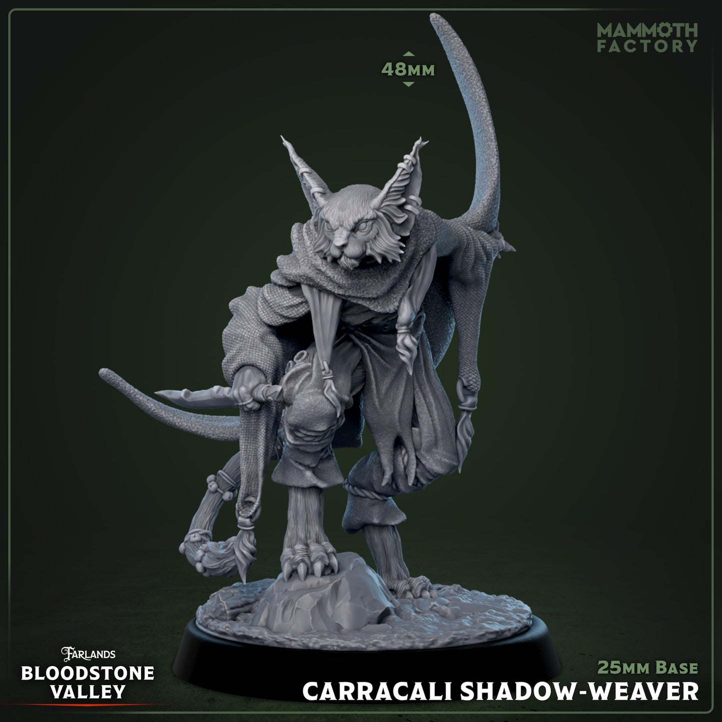 Carracali Shadow-Weaver resin miniature 3D print from Bloodstone Valley, feline assassin with curved blades on 25mm base, available DIY kit, raw, primed, or painted.