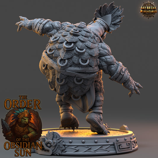 Chalcaxa Sunfang resin miniature, tortle-style reptilian warrior from the Order of the Obsidian Sun, detailed fantasy boss or NPC for TTRPG campaigns.