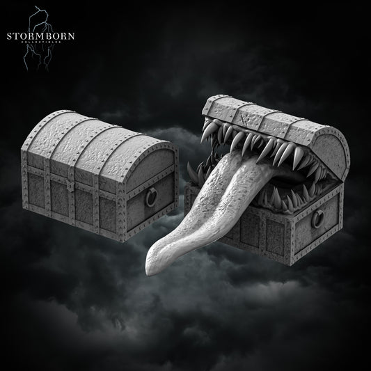 Chest Mimic resin miniature with monstrous chest head, long tongue, scenic base of weapons and skulls – fantasy monster figure for D&D and TTRPGs – D&K Custom Prints