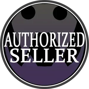 Round Authorized Seller badge with bold white text on a purple and black background, featuring stylized fangs at the top.