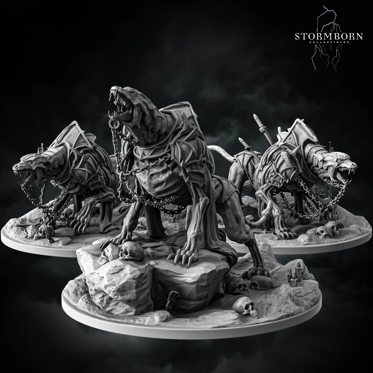 3D printed undead Death Hounds miniatures with skeletal armor and scenic bases – perfect for TTRPGs