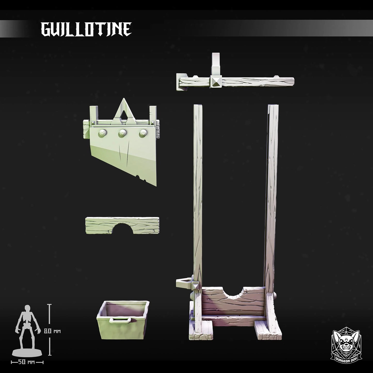 3D printed functional guillotine for 28-32mm miniatures, perfect for TTRPG terrain, dioramas, and dark fantasy tabletop scenes