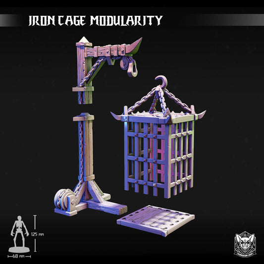 3D printed iron cage for 28-32mm miniatures, ideal for TTRPG terrain, dungeons, dark fantasy or horror tabletop dioramas