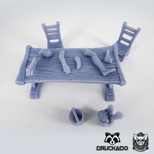 3D printed butcher horror table with severed limbs and gore for 28-32mm miniatures, perfect for TTRPG dungeons or horror scenes