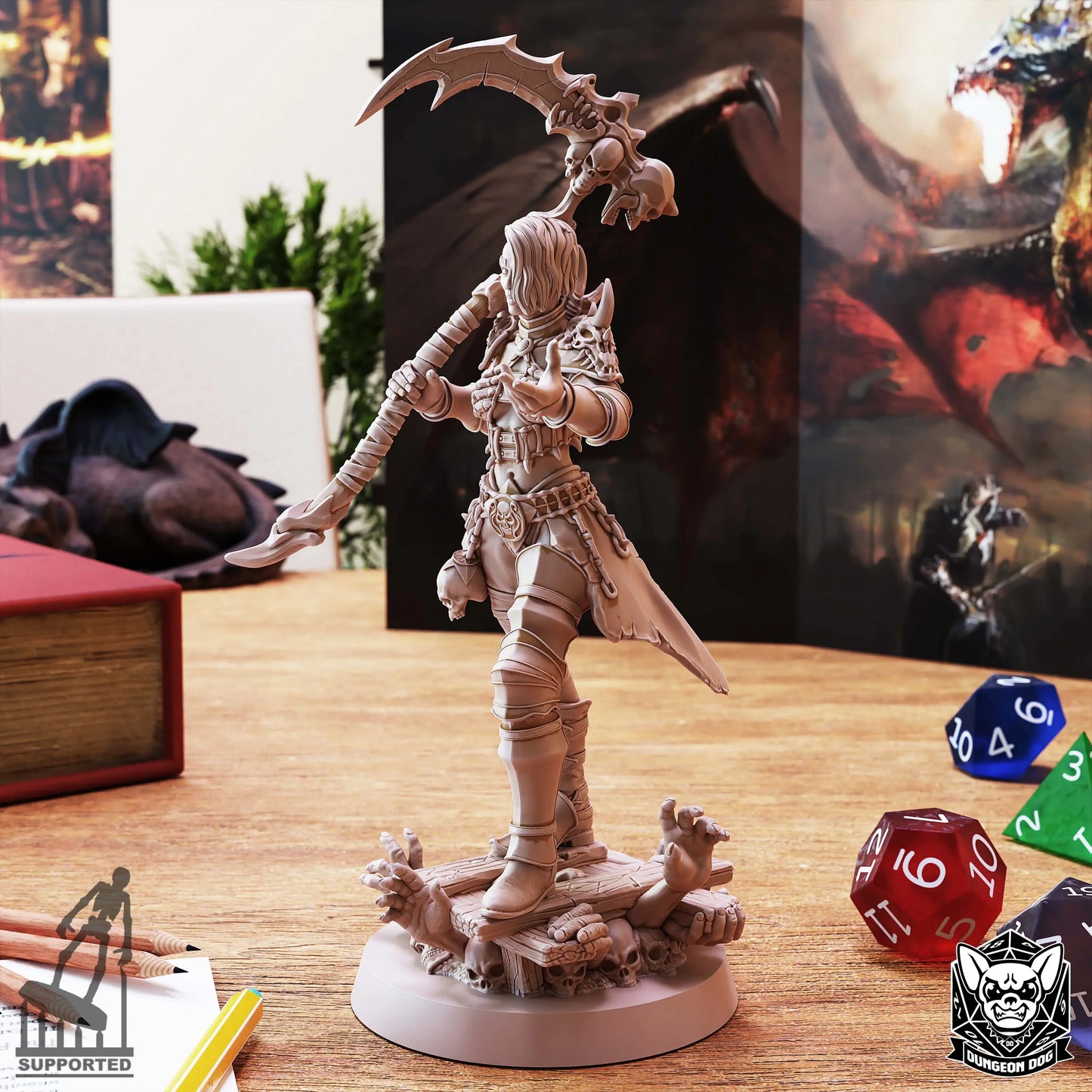 Alternate side view of Necromancer Summoner miniature standing on skull and claw base