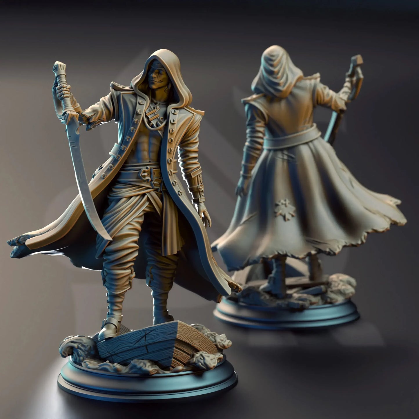 Two fantasy figurines in hooded cloaks with swords on a dark background